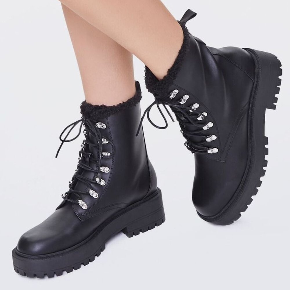 Forever 21 Faux Fur Trim Lace Up Boots